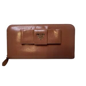 PRADA Wallet Womens Fiocco Brown‎ Leather Bow Long Zip Purple Interior Org Card